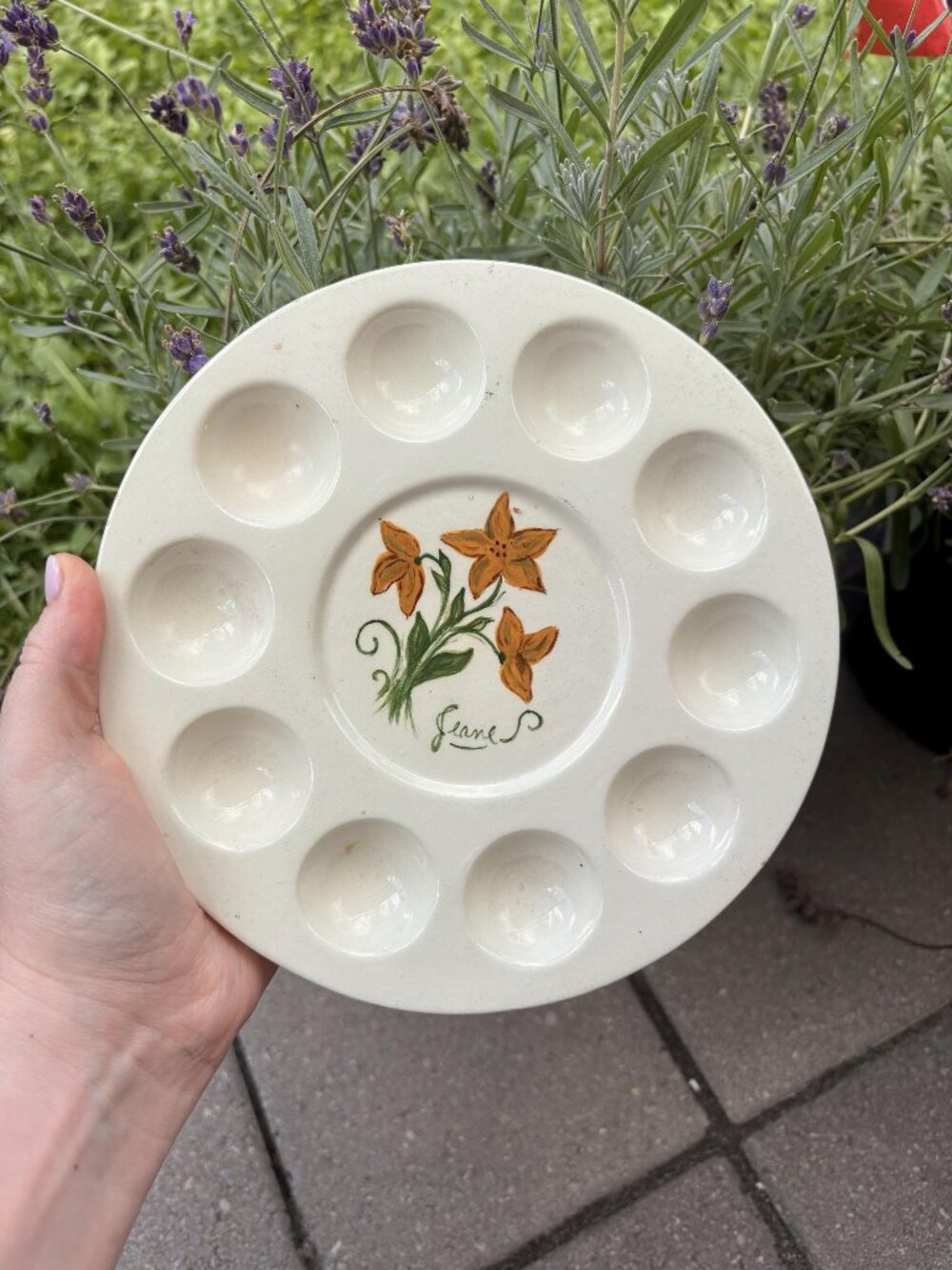 Vintage Ceramic Escargot Plate, Hand-Painted Orange Floral, 10-Well Dish